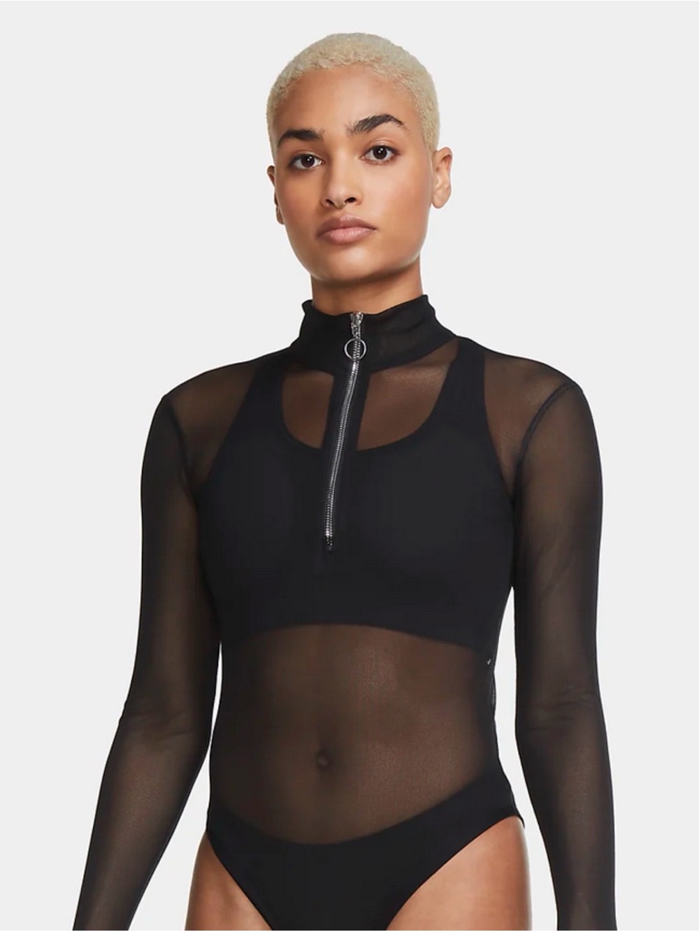 Nike Black Sheer Mesh Long-Sleeve Bodysuit with Front Zip